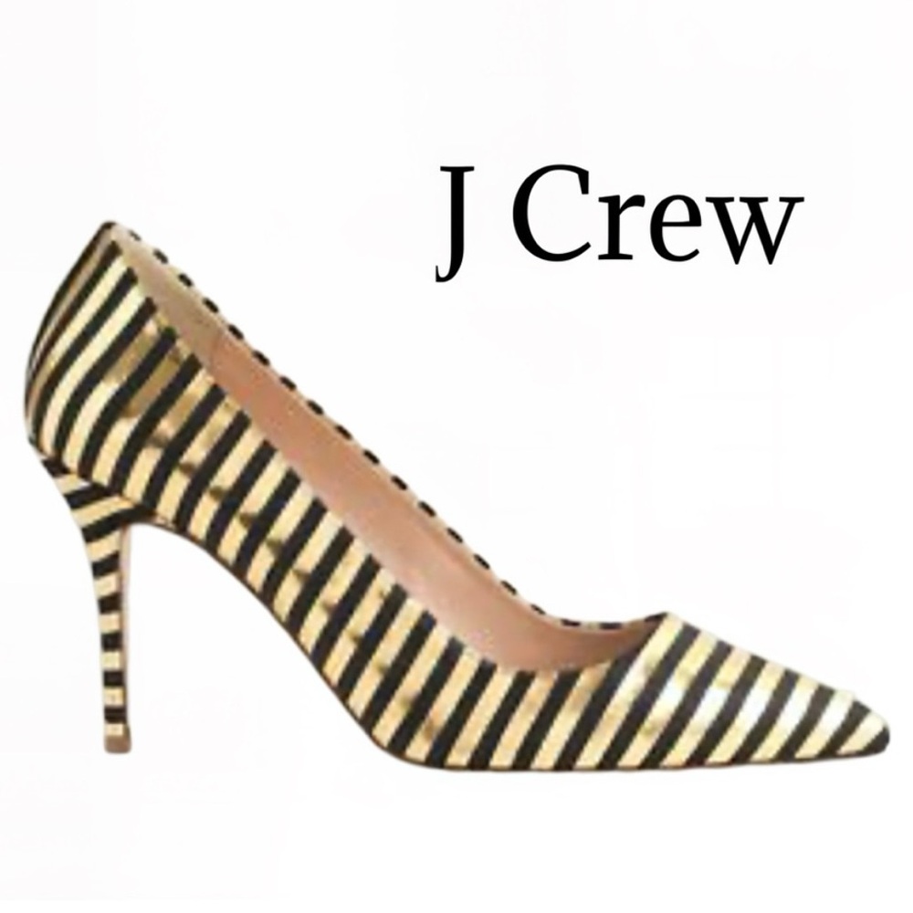 J CREW 3.5” Elsie Gold/Black Striped Heels Sz 7
